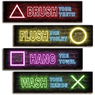 4 Keping Papan Hiasan Dinding Bilik Mandi Neon Gaming, Papan Tanda Gantung Kayu Peraturan Bilik Mand