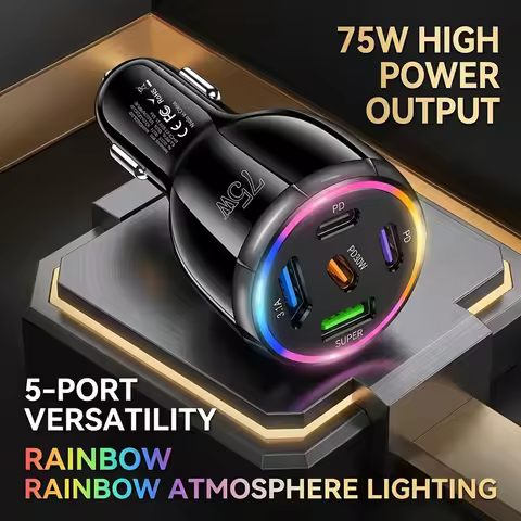 5-Port 75W Auto Charger PD 30W Fast Charge Car Adapter with RGB Light 3 Type C and 2 USB A Ports Saf