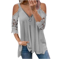 Womens Tops Hide Belly Loose Casual Lace Hollow Out Half Sleeve Zipper V-Neck Blouse Solid Color Waf