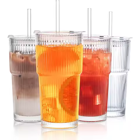 1/2/4Piece 20Ounces Glass Cup with Leak Proof Lid Thickened Glass and Glass Straw for Iced Coffee Sm