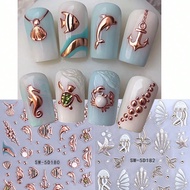 สติกเกอร์ติดเล็บแบบนูนโลหะออเชียนแอนิมอล 5 มิติ 2 ชิ้น สีทอง สีชมพูทอง สีขาว ปลาโลมา ม้าน้ำ ปู ปลา ม