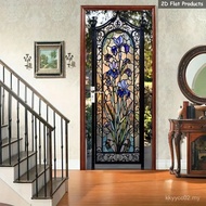 1 Pair Elegant Floral Door Mural Stickers - Self-Adhesive Removable Wallpaper-like Decoration, Purpl