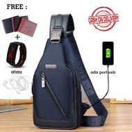 Tas selempang pria canvas murah tahan air free port usb dompet jam atau headset/JM1