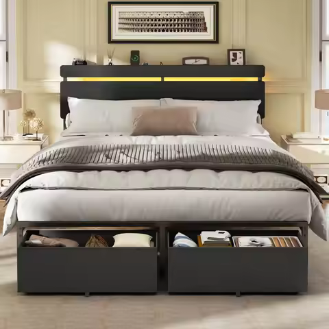 Queen Bed Frame with Wood Headboard, Black Platform Bed with 2 Storage Drawers amp Shelf, Builtin Ch