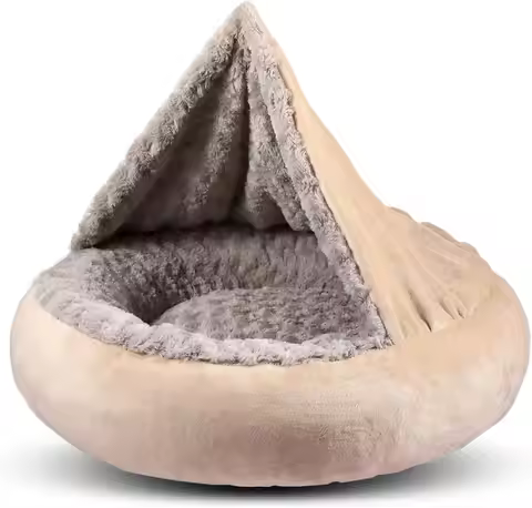 23" Donut Pet Bed with Hooded Blanket, Anti-Anxiety Burrow Cave, Cozy Machine Washable, for Small Do