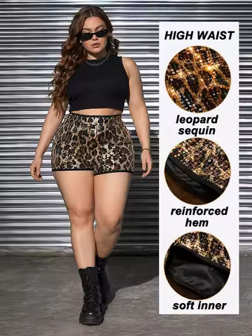 Plus Shorts Women's Glitter Sequin Leopard Shorts Women's Cheetah-Print Micro Shorts, Leopard Y2K Mi