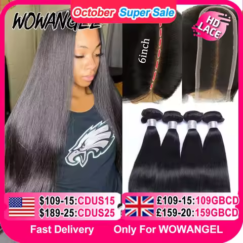 Wow Angel 2x6 HD Lace Closure with Bundles Human Hair Deep Parting Melt Skins 30 32inch Brazilian St