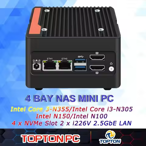 N355 i3-N305 Intel N150 Mini PC 4-Bay NAS Server Pocket Host X86 4*M.2 NVMe Expansion Slots DDR5 480