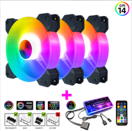 全城熱賣 - 酷月玉環14cm機箱風扇 靜音發光14025電腦散熱風扇台式機ARGB風扇（3個14CM玉環RGB風扇+1套音樂ARGB控制器）