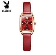PLAYBOY小綠錶長方形小眾女士手錶(酒紅皮玫殼紅面女）