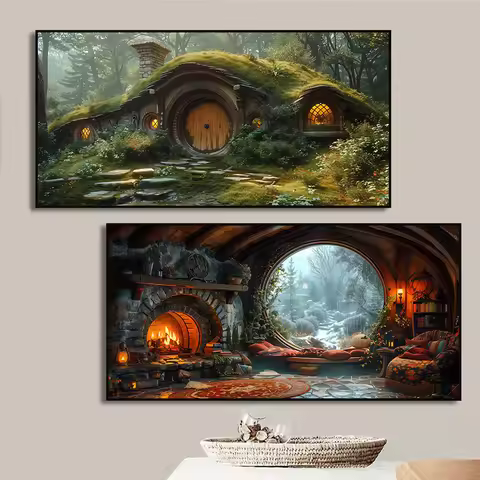 H-Hobbit Hole House Canvas Painting Art Print Fantasy Cottagecore Landscape Wall Art, Nature Country