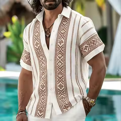 Men's tribal geometric pattern shirt, Bohemian style, casual style for spring and summer