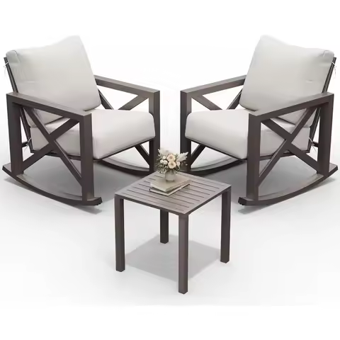 UDPATIO Rocking Chair Outdoor Set 2 with Coffee Table, 3 Piece Metal Rocking Bistro Set with 6.5" Wa