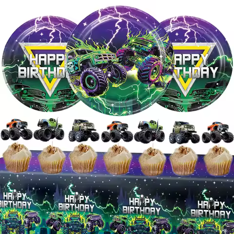 monster truck birthday decoration disposable party plate cup topper tablecloth monster jam baby show