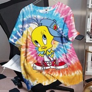 Plus Size Tie-Dye Tweety Bird & Letter Graphic Casual Crew Neck Short Sleeve Tee, Summer Y2k