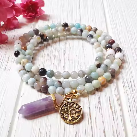 Amazonite Mala Necklace | Mala Beads 108 | Healing Crystal Necklace | Amethyst Mala Beads | Tree of 