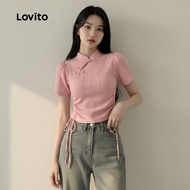 Lovito Women's Pink Tshirt with Button Drawstring LK2ED209