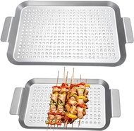 Grill Basket Set of 2 - Nonstick Grilling Tray Durable Grill Pans with Holes for Outdoor Grill Small and Big Topper Baskets BBQ accessories for Vegetable, Fish, Meat, Seafood 11"x7" &amp; 14"x10"