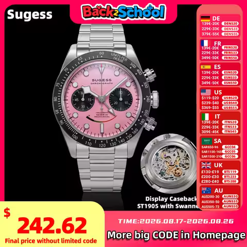 Sugess Chronograph Watch for Mens ST1907 Movement Mechanical Sapphire Crystal Wristwatches Waterproo