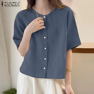 Kiểu cổ điển cho nữ ZANZEA trơn nút lên áo cổ tròn tay ngắn Bohemian Áo Thun Top #0707
