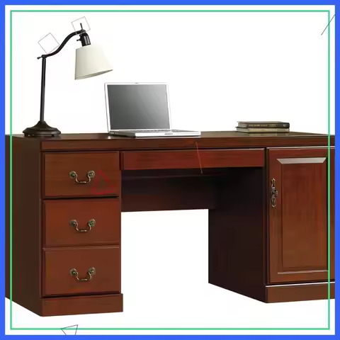 Computer Credenza Desk with Keyboard Drawer, Cherry Finish, 59.13" L x 20.47" W x 30.16" H