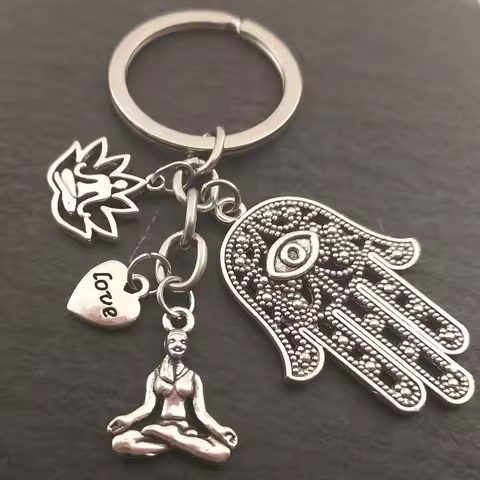 1pc I Love Yoga Charm Keychain Hamsa Jewelry Ohm Symbol Keyring Lotus Jewelry OM Handbag Jewelry DIY