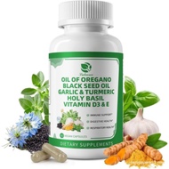 Organic Oil of Oregano Capsules with Black Seed Oil, Garlic, Turmeric, Holy Basil, Vitamin D3, E & B