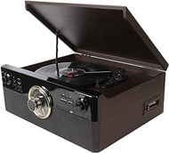 All in One Bluetooth Record Player for Vinyl with Speakers,Cassette,CD,AM/FM Radio,USB Playing and Encoding,Vintage Turntable with 3-Speed, AUX in,LINE Out,Earphone Jack,LED Display,Wood