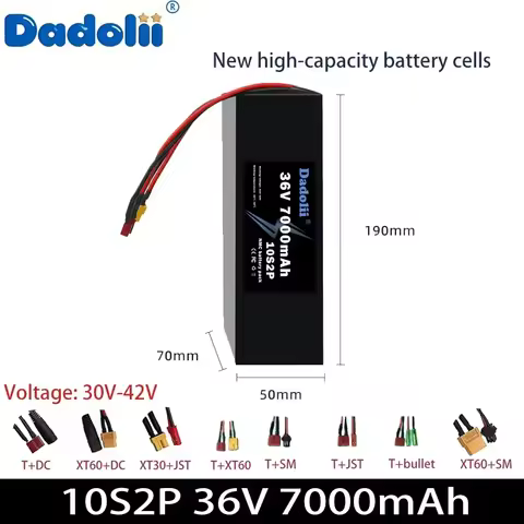10S2P 36V7Ah battery pack, rechargeable up to 1200 times, with a continuous discharge current of 20A