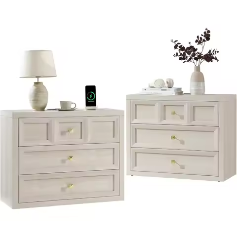 Nightstand Set of 2 W/Charging Station, 30.7" W King Size Bedside Table with 3 Drawers, Accent End T