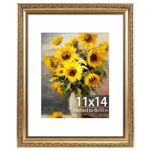11x14 Vintage Picture Frame with 8x10 Mat, Elegant Retro 11 by 14 Photo Frame with Shatter-Resistant