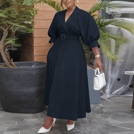 VONDA | 2026 VONDA PLUS ขนาดแฟชั่นฤดูร้อนชุดเดรสคอปก 3/4 แขนเสื้อคาดเข็มขัดออฟฟิศเลดี้ ซันเดรสลำลองย