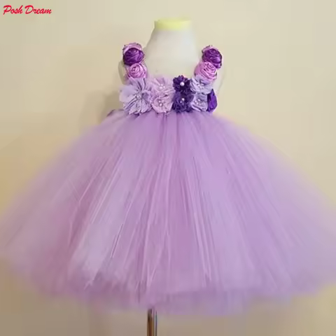 POSH DREAM Lavender Flower Girl Tutu Dress Rose Chiffon Flower Kids Lavender Dress Wedding Bridesmai