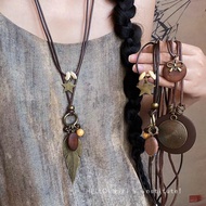 < > New Chinese Style Zen Long Feather Necklace Women Retro Ethnic Style Decorative Sweater Chain Bo