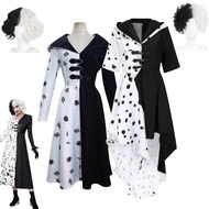 C Cruella De Vil Cosplay Girls Women Evil Madame Black White Maid Dress Wig