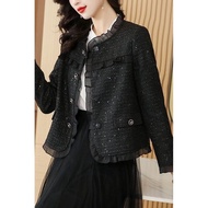 Black Blackfrench styleCoat Women 2025 Spring Autumn New Style Round Neck Bright Silk Medal Ladies H