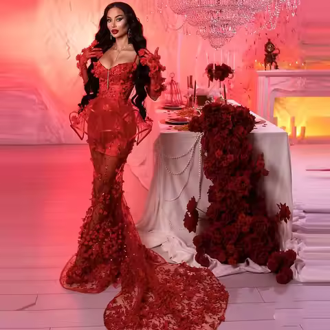 Couture Red Lace Prom Dresses With Spaghetti Straps Peplum Mermaid Evening Dress Long Train See Thro