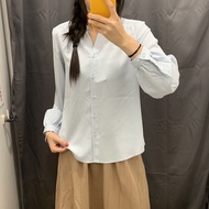 NEW UNIQLO Japanese Womens Autumn Fancy Pleated Shirt/half Open Collar V-neck Commuter Air Condition