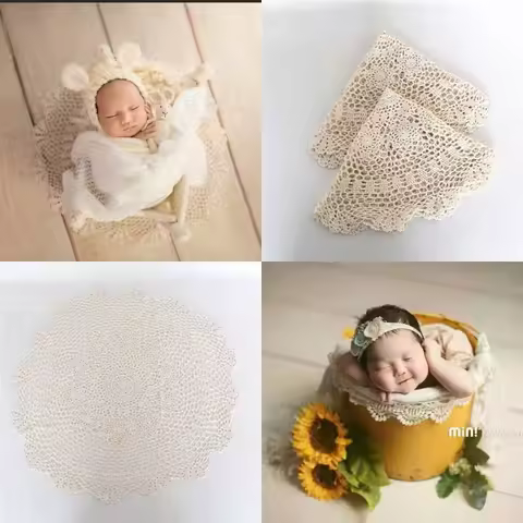 Vintage Lace Doily Mat Newborn Photography Props Jute Macrame Tassel Rug Baby Photoshoot Posing Laye