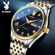 [แท้ 100%] PLAYBOY นาฬิกาผู้ชายกันน้ำแฟชั่นปฏิทินลำลองนาฬิกาควอทซ์ส่องสว่างหน้าปัดสายสแตนเลสเป็นของขวัญ watches for men