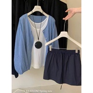 Set of 3 Piece: StripedJacket + Paper T-shirt + cute A-line skirt