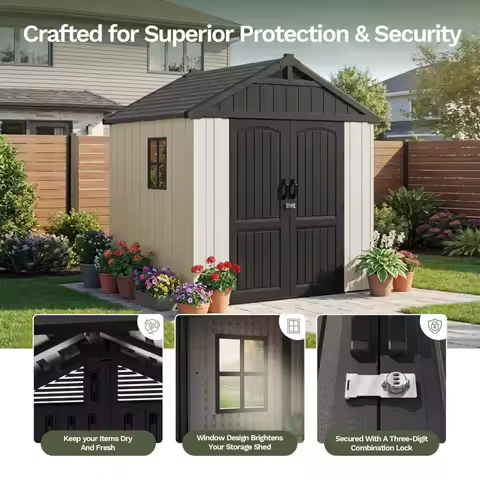 8x6FT Resin Plastic Storage Shed with Floor Window & Lockable Door for Garden Outdoor, Custom