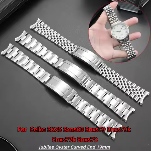 19mm Curved End Watchband Brushed Stainless Steel Jubilee Oyster Watch Strap For SEIKO Skx5 Sxns80 S