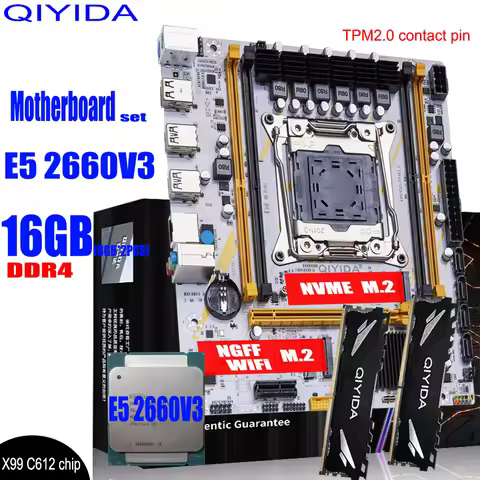 QIYIDA X99 Motherboard Set Kit With LGA2011-3 Xeon E5 2660 V3 CPU 16GB(2*8G)3200MHZ DDR4 Desktop mem