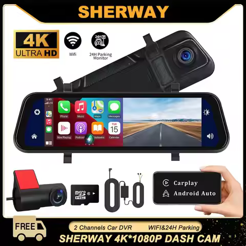 9.66" 4K Rear View Mirror Camera with Carplay Android Auto Touch Screen Backup Camera Front and Rear