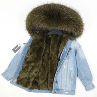 2023 ใหม่ผู้หญิงหลวม Fit DENIM Parka JACKET ซับขนสัตว์ฟ็อกซ์แขนยาว Hooded Street สไตล์ฤดูหนาว Coat