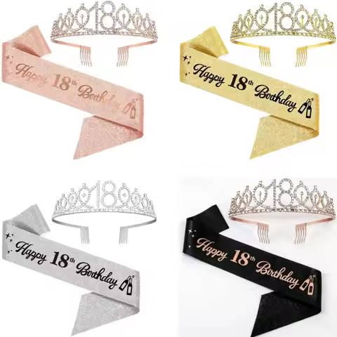 18th Birthday Crown and Sash Set - Happy 18th Birthday Sash, Tiara, Cake Topper, Decorations and Gif