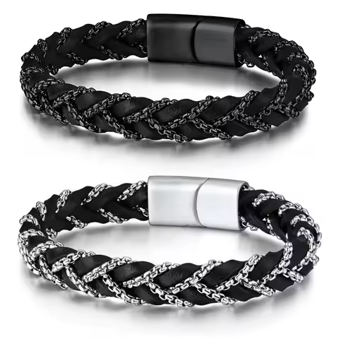 U7 Stainless Steel Chain Leather Braiding Bangle Bracelets for Man Woman 19/21cm Knitting Bracelet C