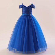 Tween Girl Long Sequin Mesh Off-Shoulder Elegant Glamorous Party Dress, Suitable For Birthday Dinner