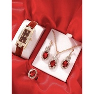 Women Luxury Style Square Quartz Watch Set Red Exquisite Rhinestone Wristwatches With Leather Strap